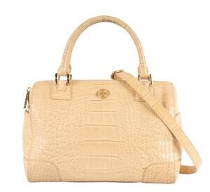 Tory Burch Robinson Double Zip Tote Sandstorm Embossed Shoulder Bag